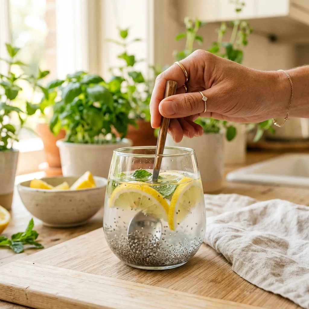 Stirring chia seeds into lemon water as a gelatin weight loss alternative preparation step two