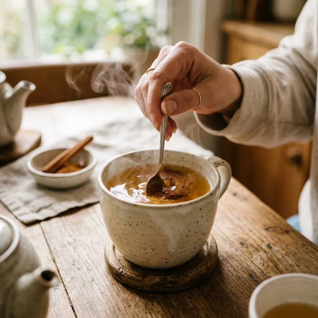 Stirring Ceylon cinnamon into warm chamomile tea for Dr Phil diabetes recipe — step two of preparation