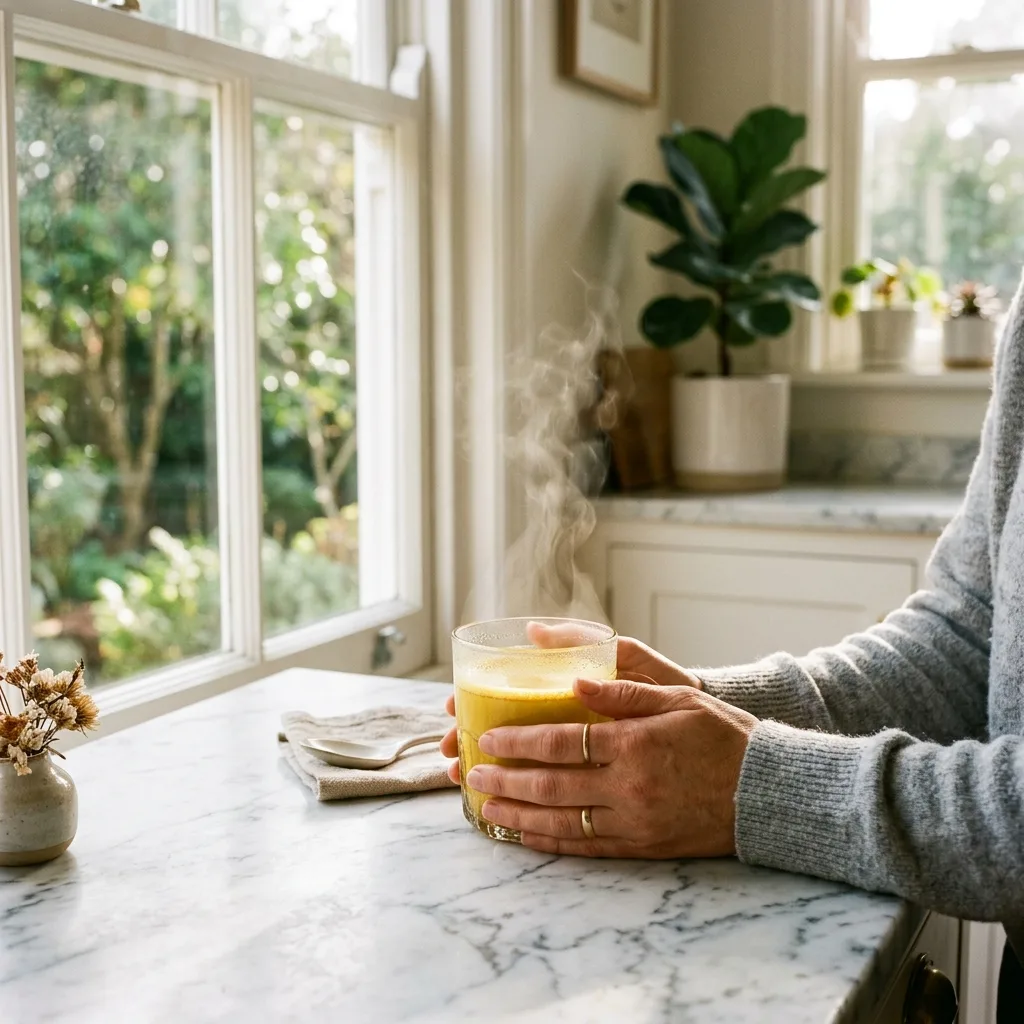 Person holding warm homemade botox natural collagen drink by morning kitchen window