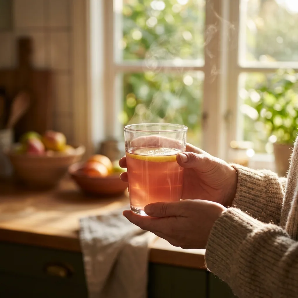Person holding warm pink salt trick recipe drink by a bright morning kitchen window