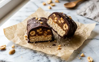 Sliced homemade no-bake Snickers bar showing caramel peanut layers — healthier candy recipe