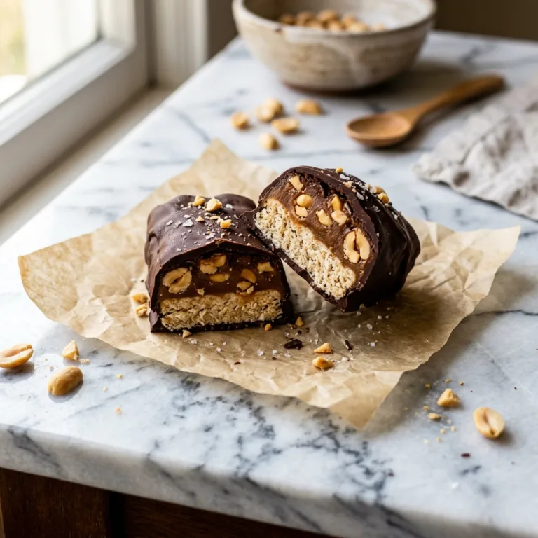 Sliced homemade no-bake Snickers bar showing caramel peanut layers — healthier candy recipe