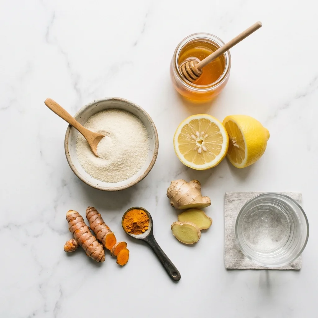 Ingredients for homemade botox natural collagen recipe including gelatin, lemon, turmeric, ginger, and honey
