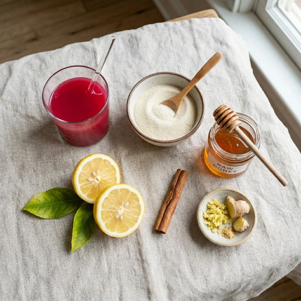 Ingredients for Dr. Rocio Pink Gelatin Recipe laid out on a linen surface