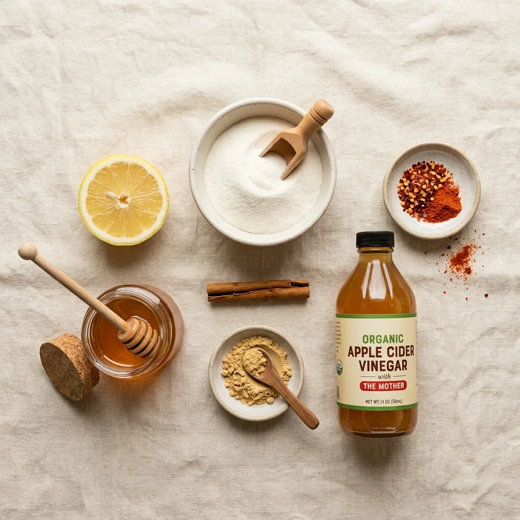 Ingredients for a peptides for weight loss recipe laid out on cream linen including collagen powder, lemon, cinnamon, and honey