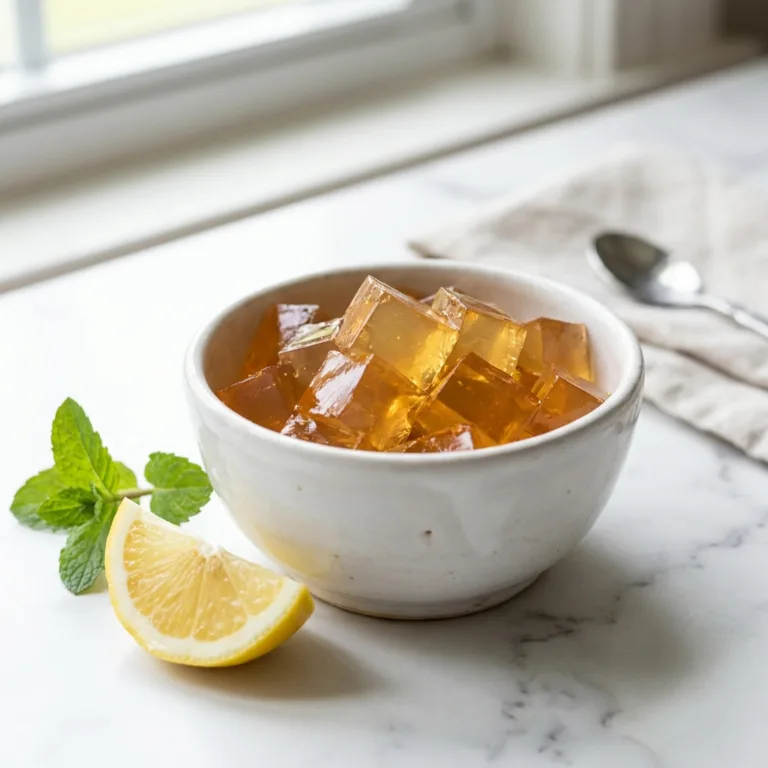 Finished jello recipe for weight loss cubes in white ceramic bowl with lemon on marble
