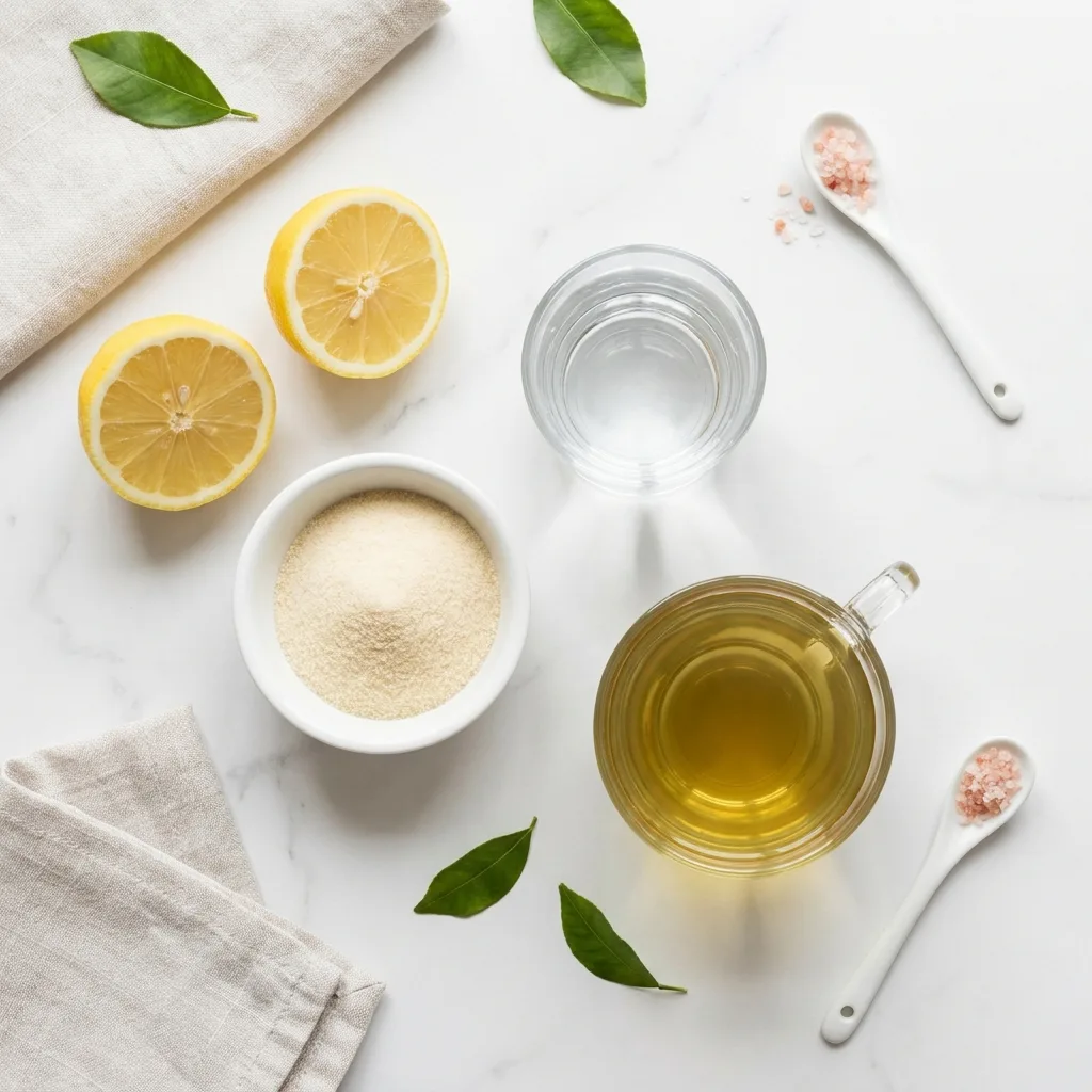 Ingredients for jello recipe for weight loss including gelatin powder, lemon, and green tea