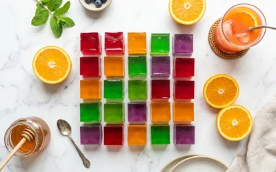 Dr Gupta gelatin recipe for weight loss cut into squares on white marble with orange and mint