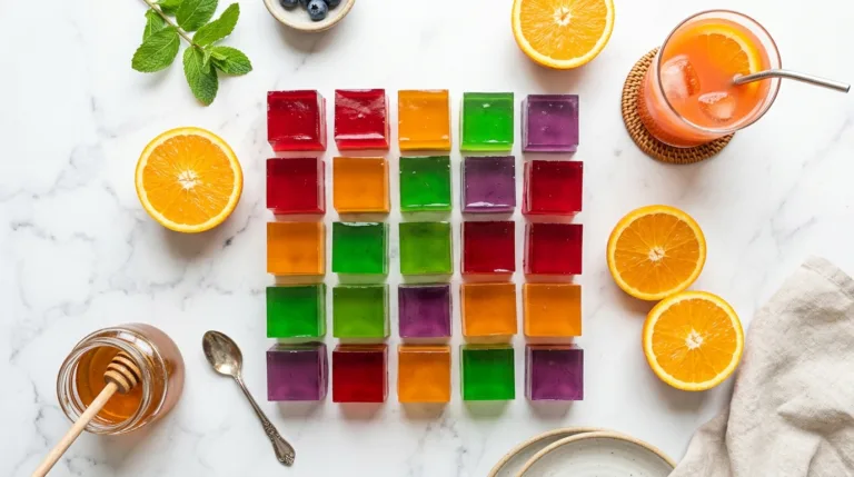 Dr Gupta gelatin recipe for weight loss cut into squares on white marble with orange and mint