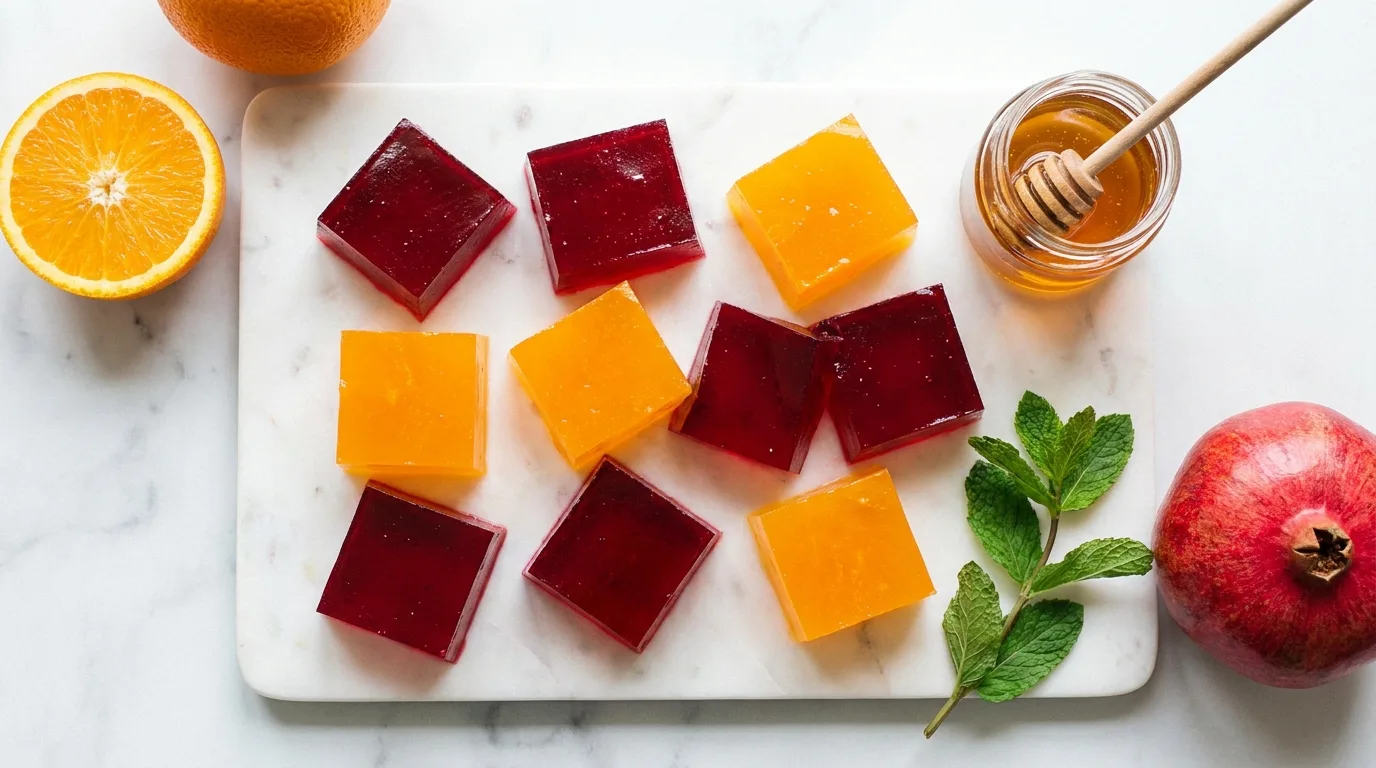 Gelatin for weight loss benefits — colorful Dr Gupta gelatin squares on white marble with fruit and honey