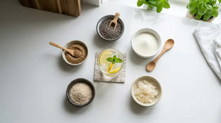 Flat lay of gelatin weight loss alternatives including chia seeds, collagen peptides, and lemon water on a white counter