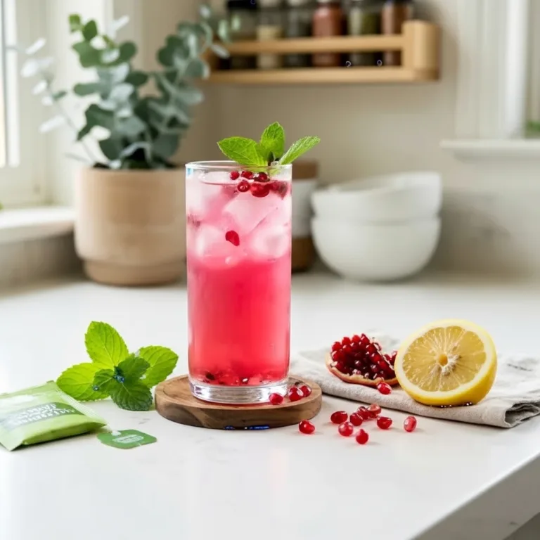 Dr William Li gelatin recipe served as a pink wellness drink in a clear glass with pomegranate and lemon on a bright kitchen counter