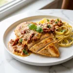 Plated recipe Marry Me Chicken with pasta and creamy sun-dried tomato Parmesan sauce on a white plate