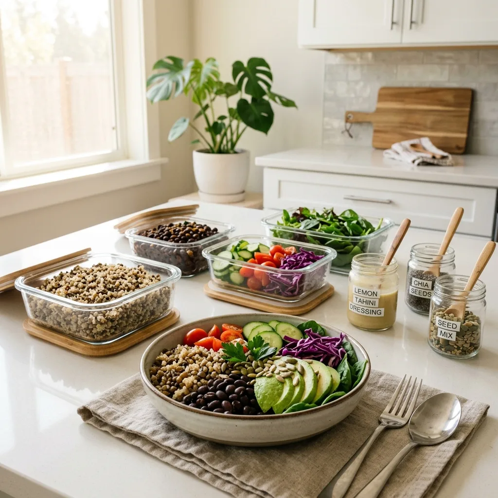 Fiber maxxing bowl meal prep with quinoa, lentils, beans, avocado and dressing stored in glass containers