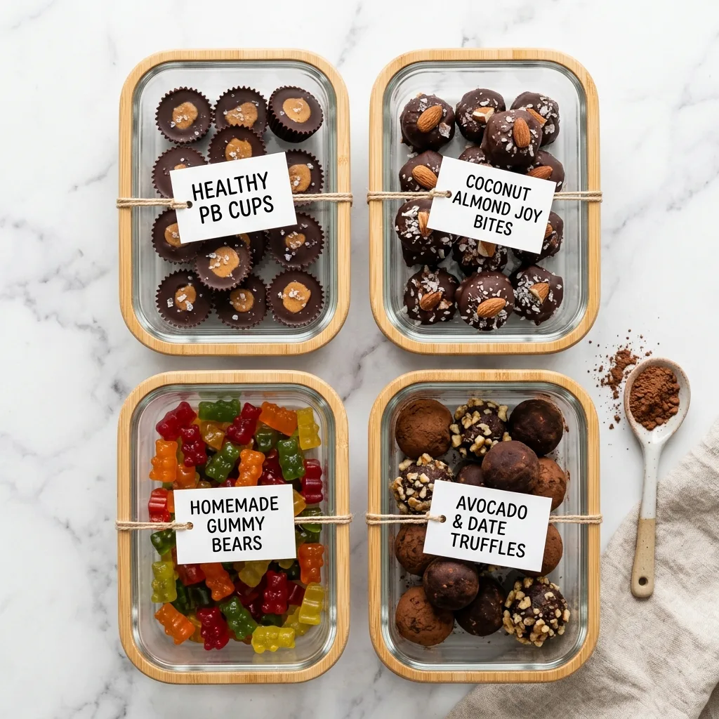 Glass containers with batch-prepped healthier candy recipes including peanut butter cups, almond joy bites, gummies, and truffles