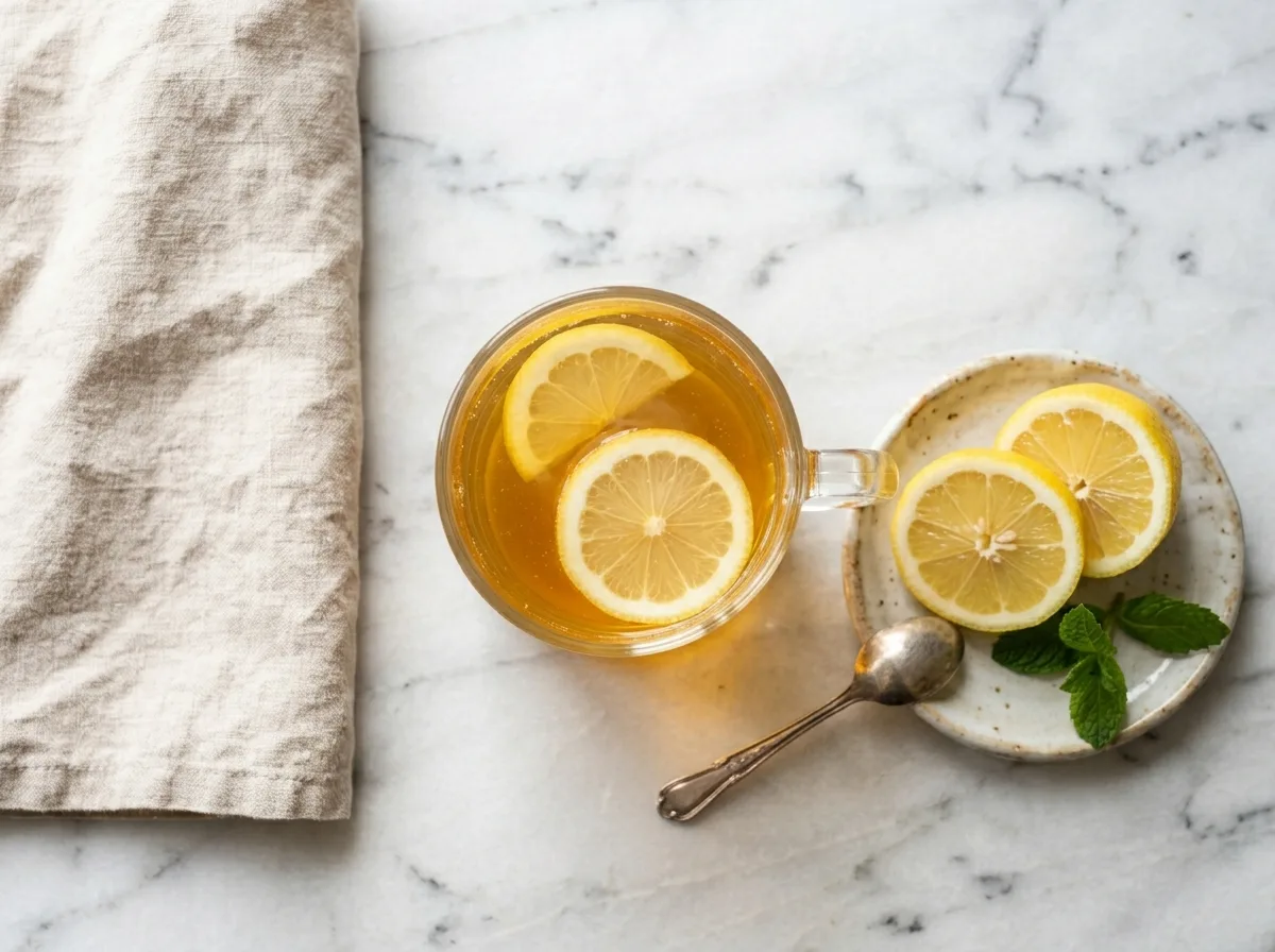 Jillian Michaels gelatin hack morning tonic in a glass mug with lemon