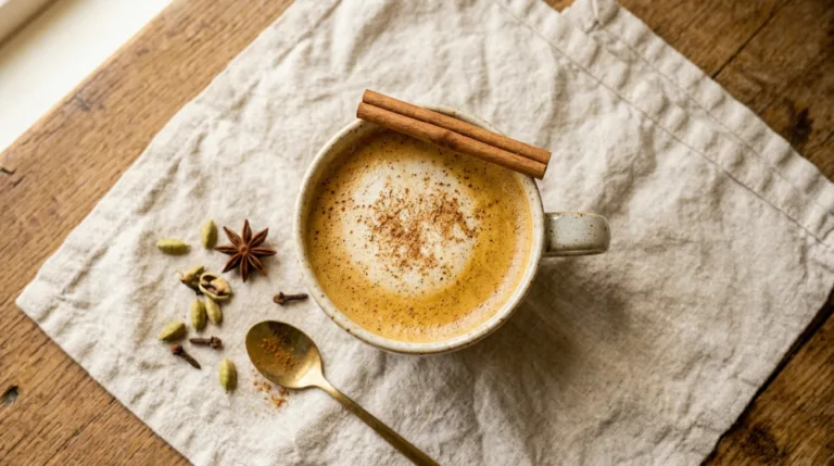 Sanjay Gupta Chai Tea Recipe served in a mug with cinnamon and cardamom on linen