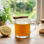 Dr Phil diabetes recipe morning wellness tonic in a clear glass mug with Ceylon cinnamon and lemon on a wooden counter