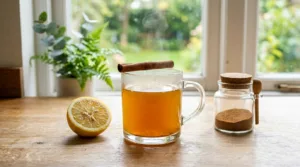 Dr Phil diabetes recipe morning wellness tonic in a clear glass mug with Ceylon cinnamon and lemon on a wooden counter