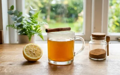 Dr Phil diabetes recipe morning wellness tonic in a clear glass mug with Ceylon cinnamon and lemon on a wooden counter