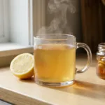 Serena Williams gelatin trick pre-meal drink in a clear glass mug with lemon on a wooden counter