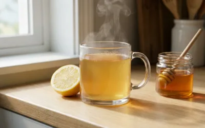 Serena Williams gelatin trick pre-meal drink in a clear glass mug with lemon on a wooden counter