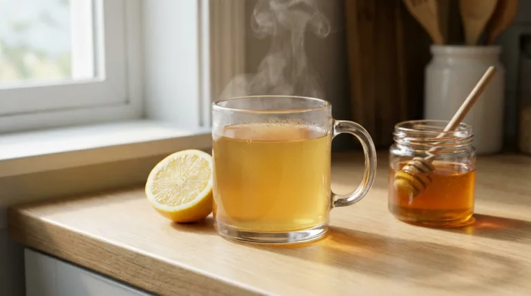 Serena Williams gelatin trick pre-meal drink in a clear glass mug with lemon on a wooden counter