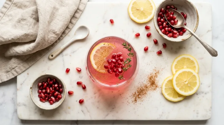Dr. Rocio Pink Gelatin Recipe served in a clear glass with pomegranate and lemon