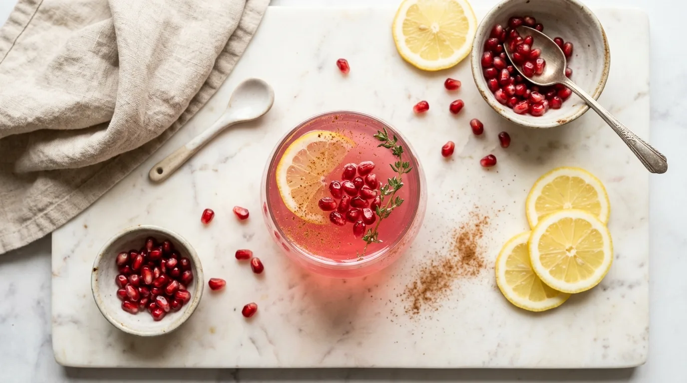 Dr. Rocio Pink Gelatin Recipe served in a clear glass with pomegranate and lemon