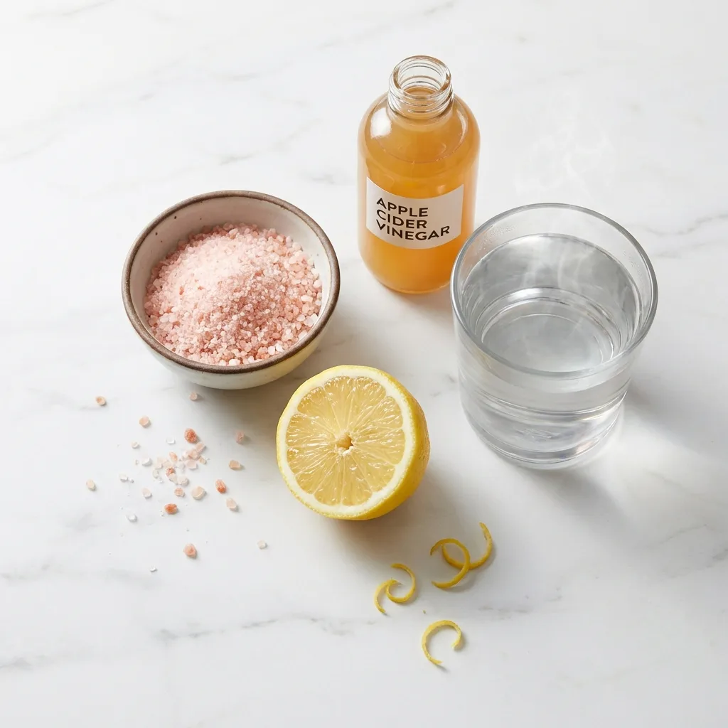 Ingredients for pink salt trick recipe including Himalayan salt, lemon, apple cider vinegar, and warm water