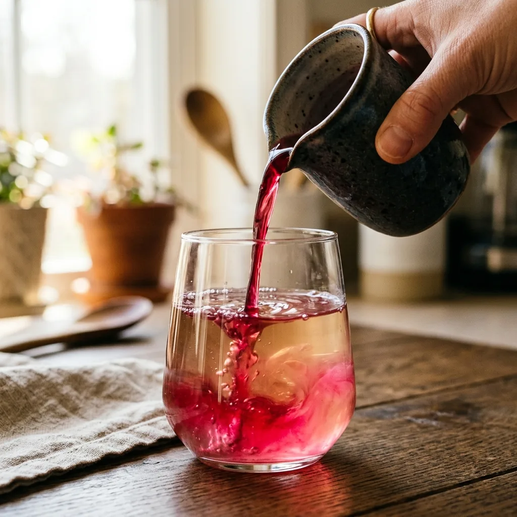 Pouring pomegranate juice into dissolved gelatin and green tea turning the mixture pink for Dr William Li pink gelatin recipe step two