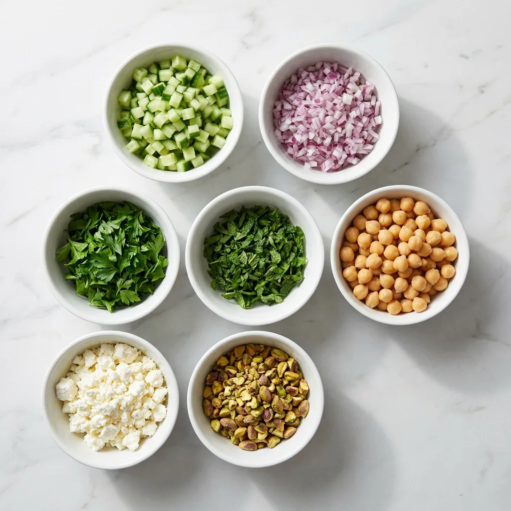 All Jennifer Aniston salad ingredients prepped and ready in small bowls