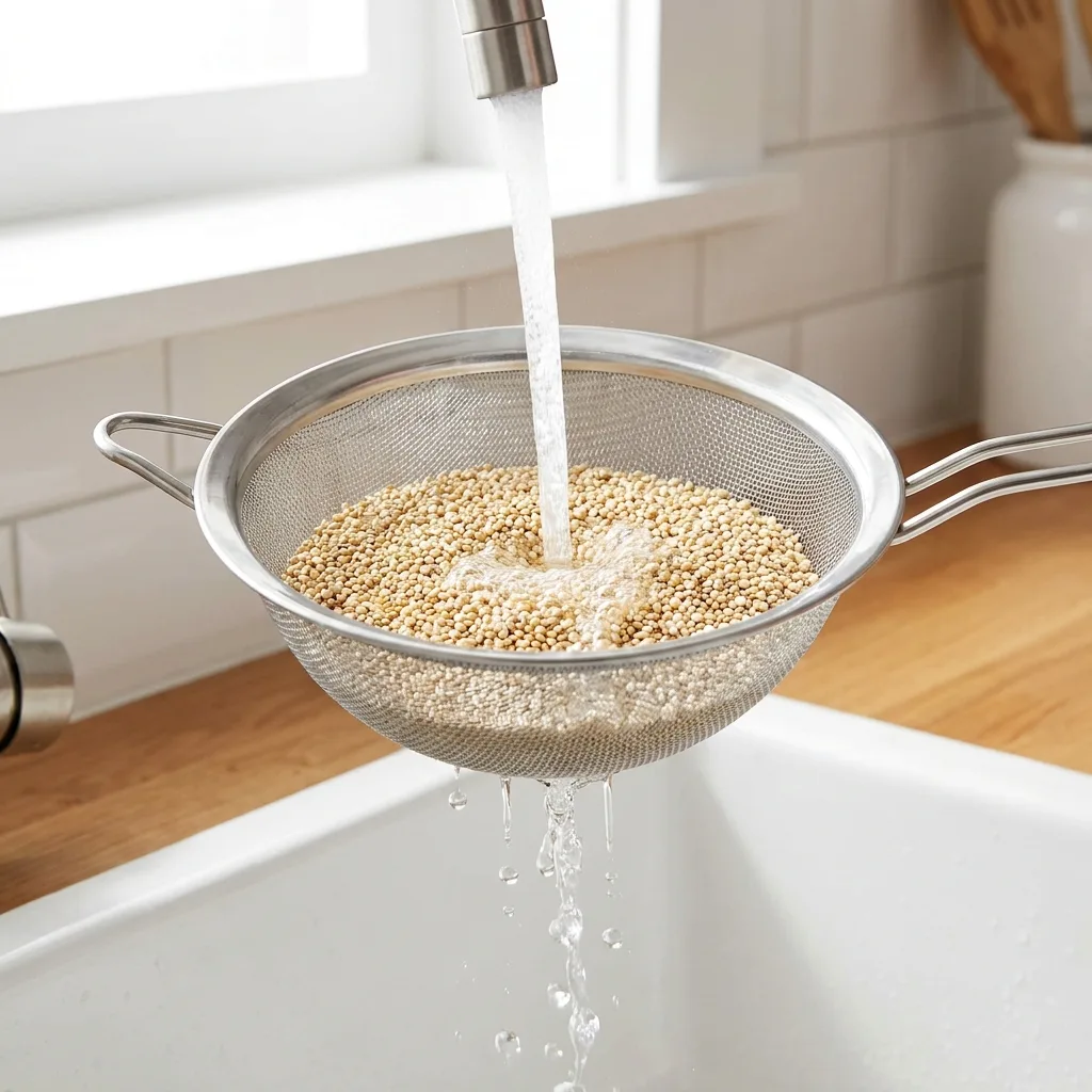 Rinsing quinoa for Jennifer Aniston salad in a mesh strainer