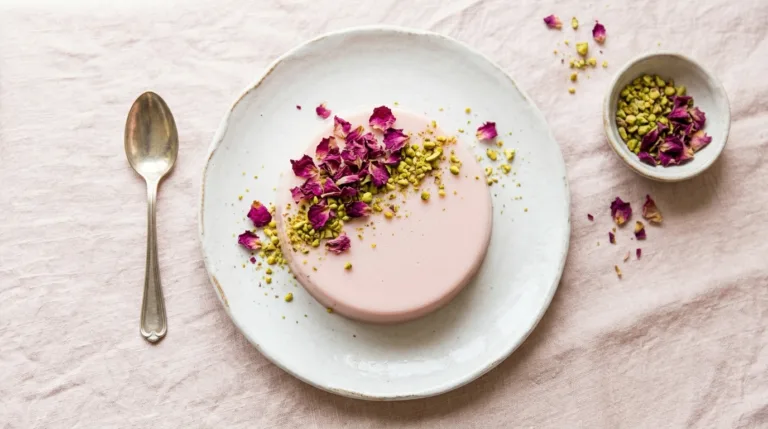 Easy rose milk gelatin recipe served on a white plate with rose petal garnish