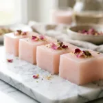 Sliced rose milk gelatin pieces on marble surface — easy rose milk gelatin recipe