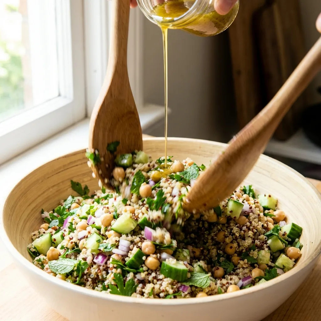 Tossing Jennifer Aniston salad with lemon dressing in a wooden bowl