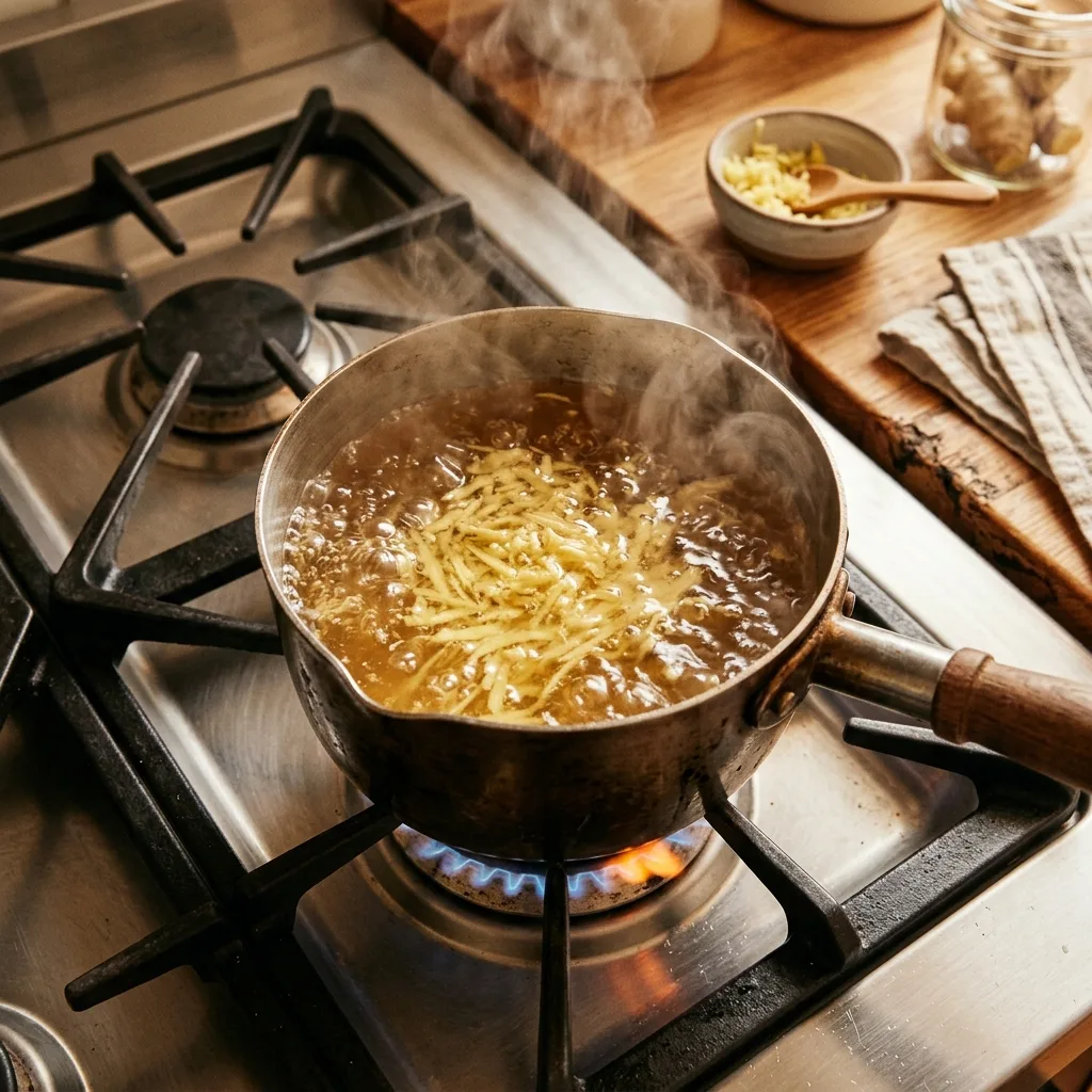 Grating fresh ginger into simmering water for Brazilian Mounjaro recipe for weight loss