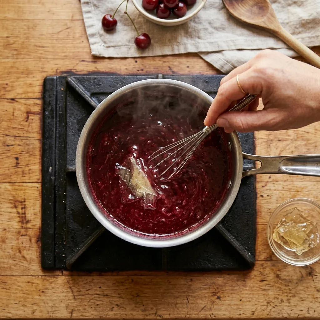 Whisking bloomed gelatin into warm tart cherry juice — Dr Gupta gelatin vs collagen recipe step 2