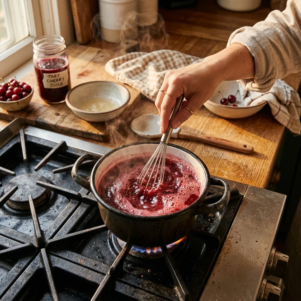Whisking gelatin into warm tart cherry juice for Dr Gupta gelatin weight loss benefits recipe