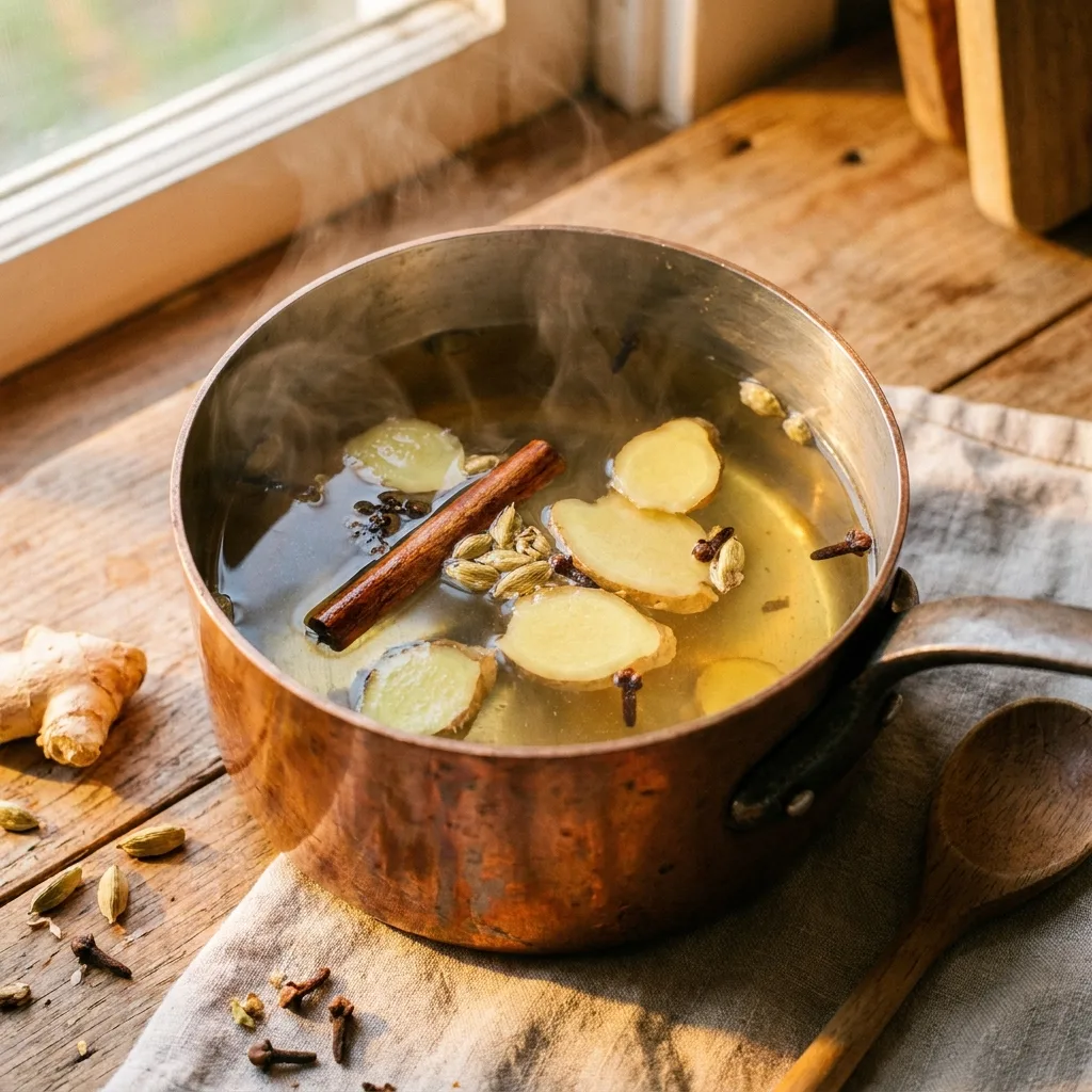 Chai spices simmering in a saucepan with ginger cinnamon and cardamom