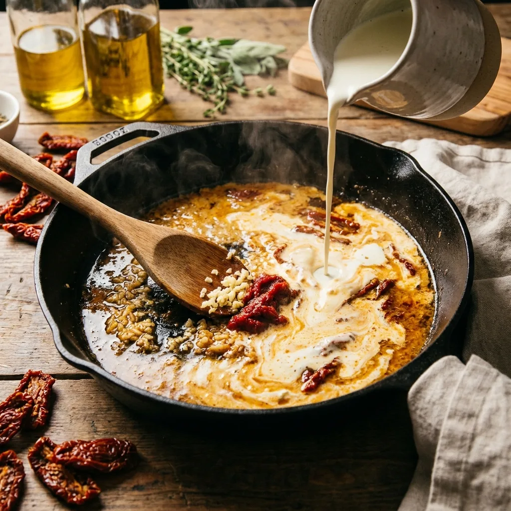 Building the creamy sun-dried tomato sauce in a skillet for recipe Marry Me Chicken — step three
