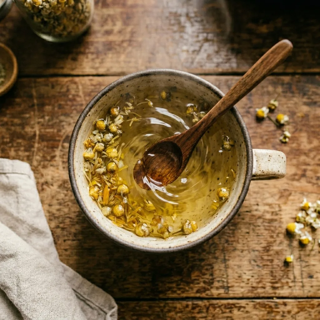 Stirring bloomed gelatin into warm herbal tea for the gelatin hack recipe
