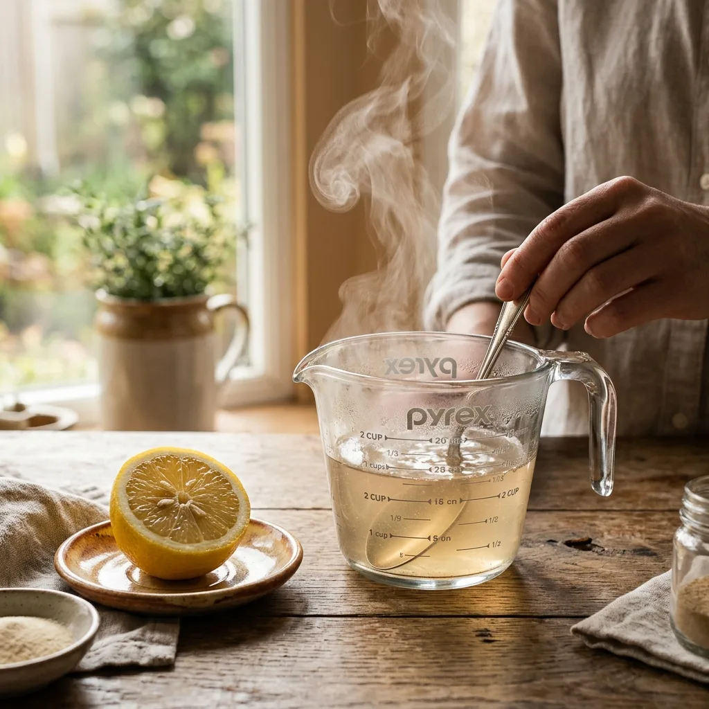  Stirring dissolved gelatin with lemon juice in warm water for the Dr Gupta gelatin weight loss recipe step two