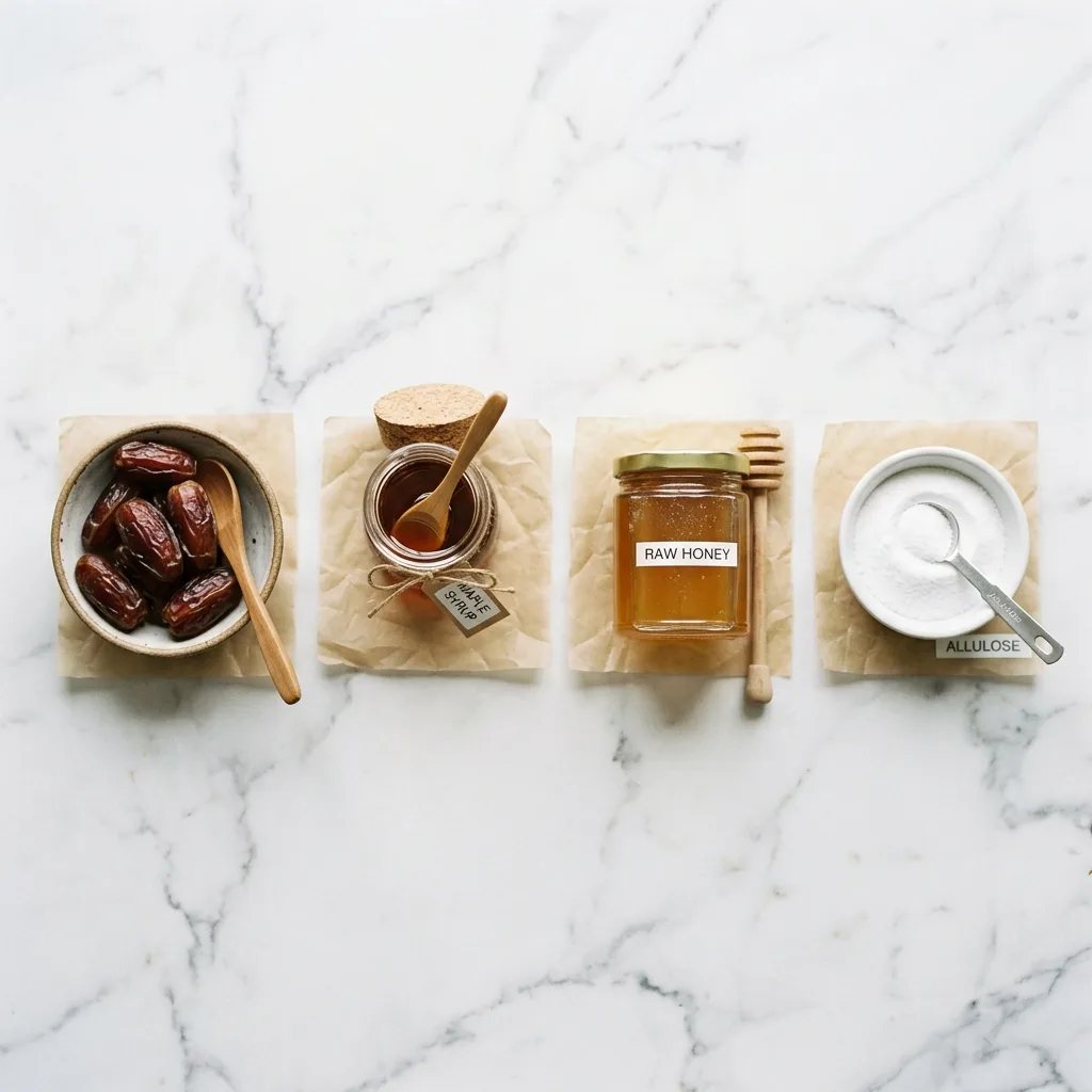 Natural sweetener options for healthier candy recipes including dates, maple syrup, honey, and allulose on marble