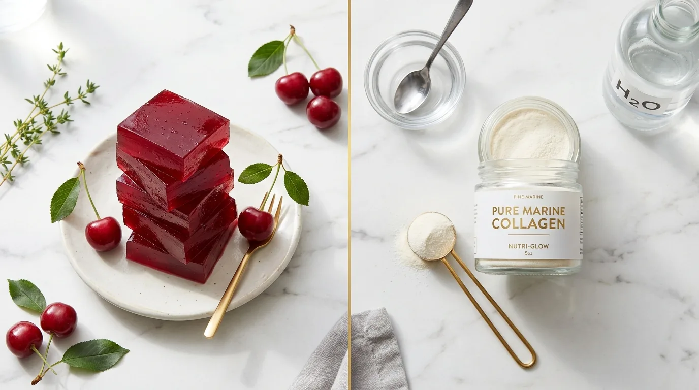 Gelatin vs collagen for weight loss — Dr Gupta gelatin squares versus collagen powder on white marble