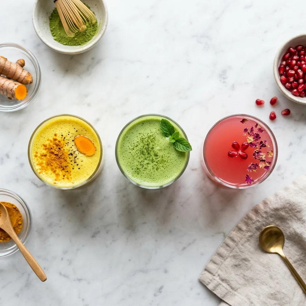 Three variations of homemade botox natural collagen drink — turmeric, matcha, and pomegranate pink