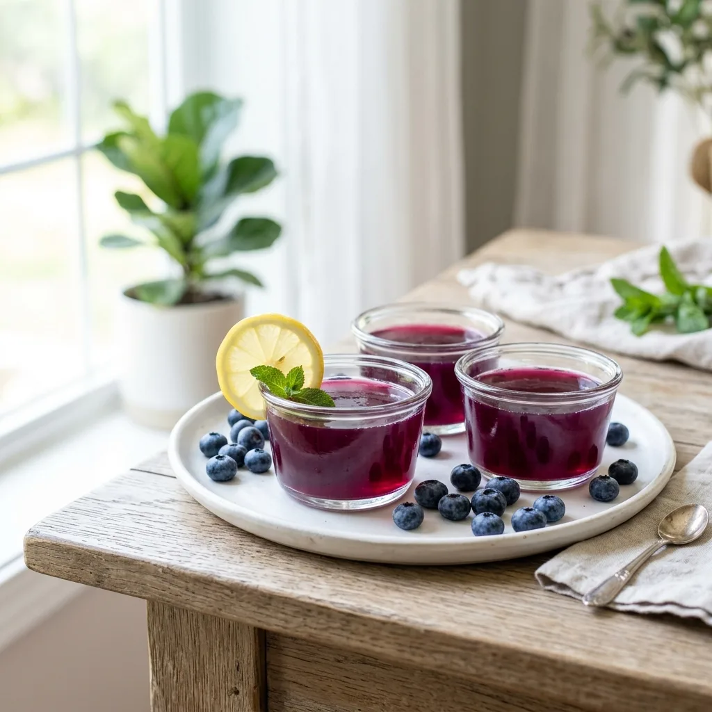Three bariatric gelatin cups set and ready to serve with blueberries and lemon
