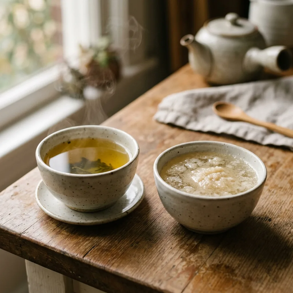 Blooming gelatin powder in cold water beside brewed green tea for Dr William Li gelatin recipe step one preparation