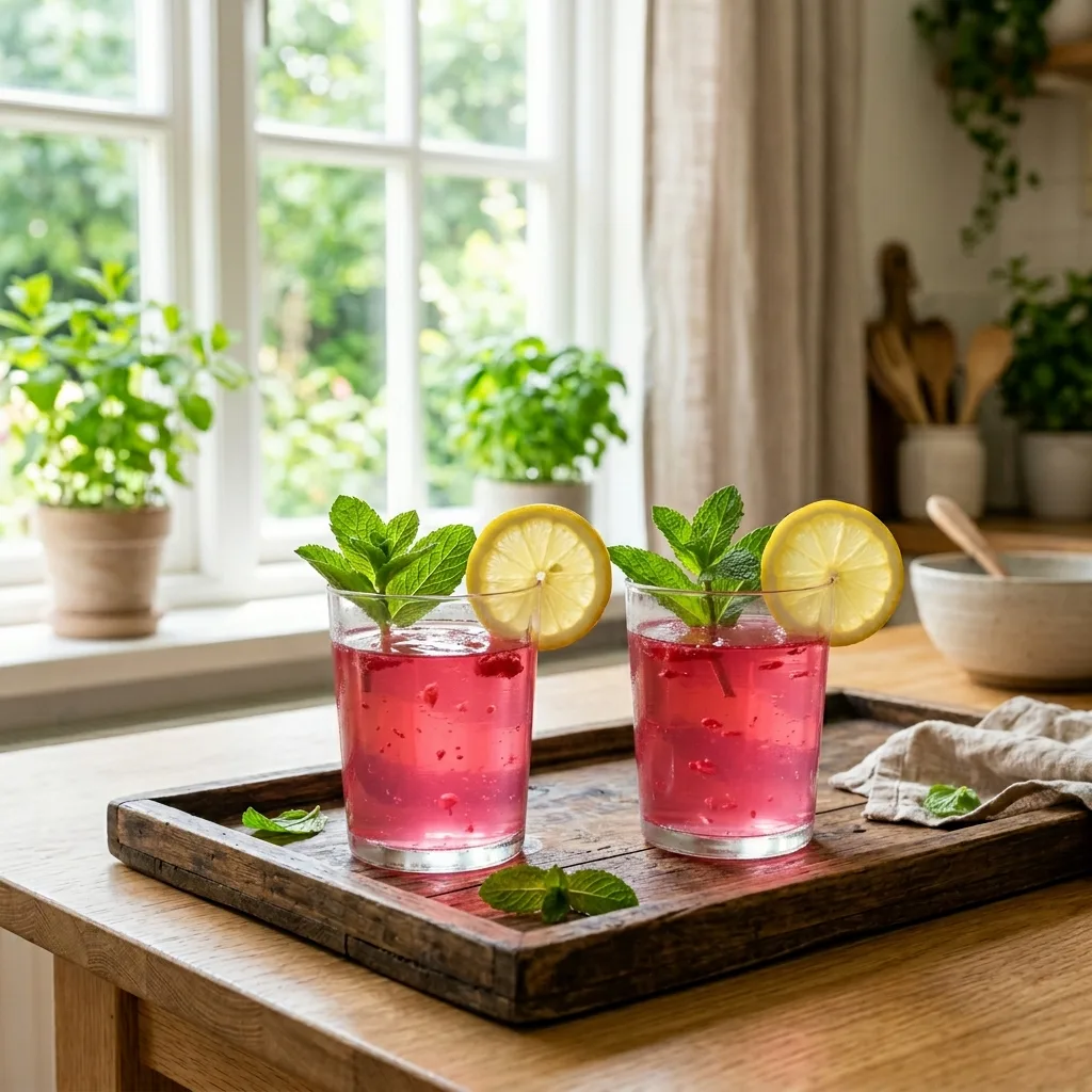 Two glasses of Dr. Rocio Pink Gelatin drink garnished with mint and lemon