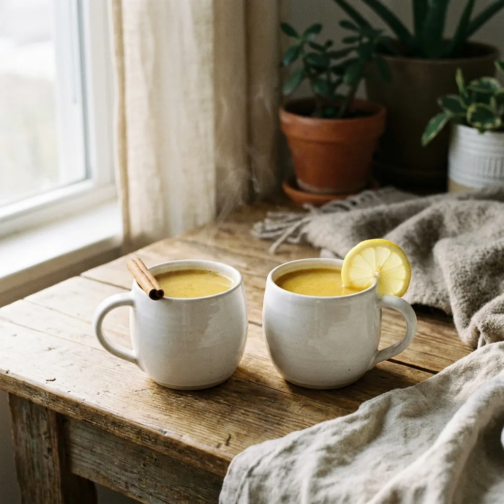  Two mugs of Sanjay Gupta Chai Tea served on a wooden surface with cinnamon and lemon